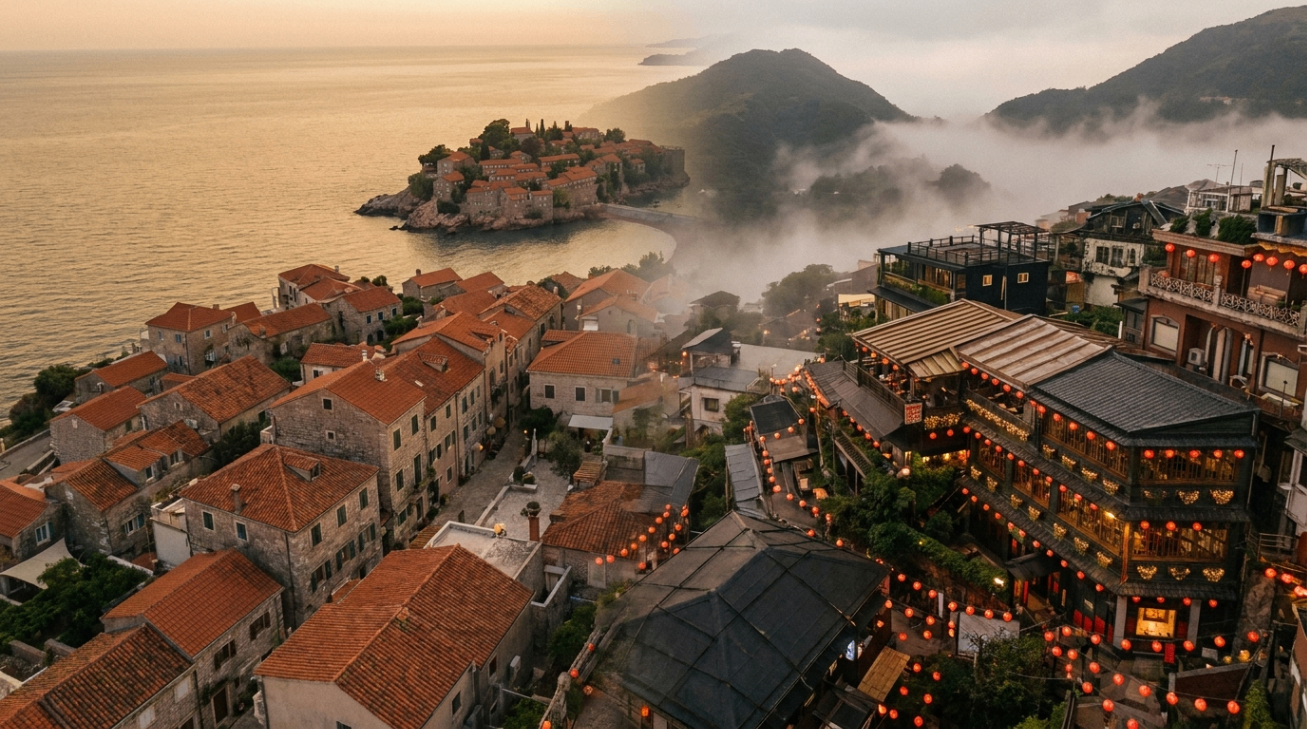 Coastal village at dusk